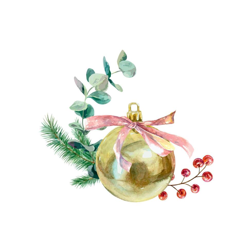 Christmas ball golden with spruce branch and eucalyptus, watercolor. Hand drawn illustration isolated on white. For New Year cards, festive winter banners, invitations, posters. vector