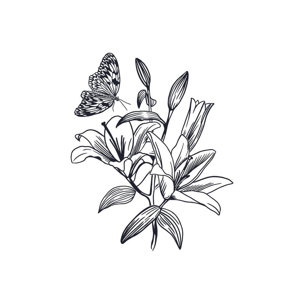 Lilies bouquet and butterfly. Hand drawn illustration of flowers in graphic style. For greeting cards, invitations, labels, tattoo, posters, banners. vector