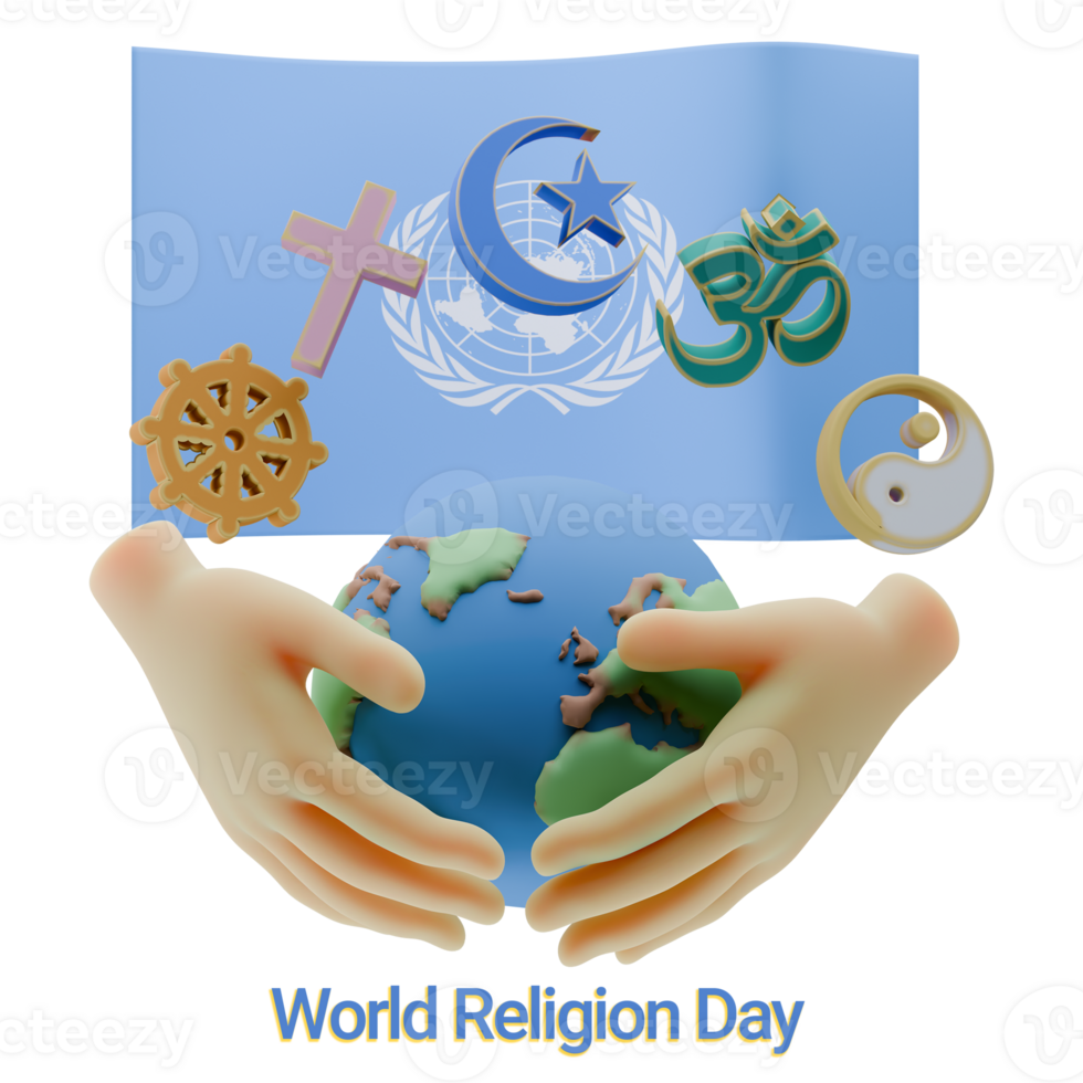 Adorable 3D renders of World Religion Day with United Nations Flags png