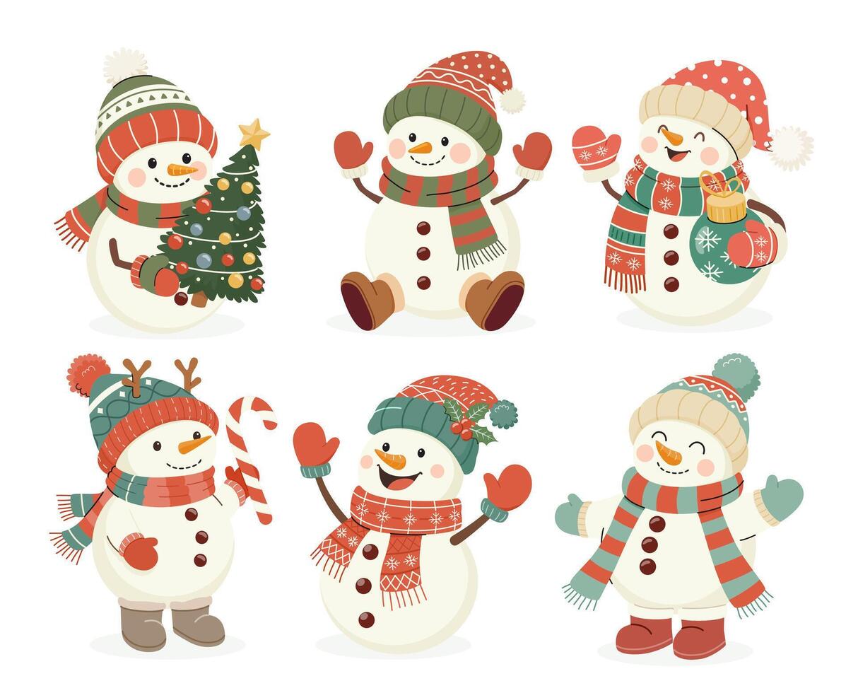 Christmas snowman cartoon characters illustration set. vector