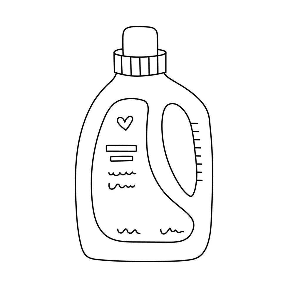 Cute doodle washing gel for laundry clothes. Hand drawn fabric softener, laundry gel, detergent liquid for textile. Funny outline cleansing product to pure wardrobe isolated on white background. vector