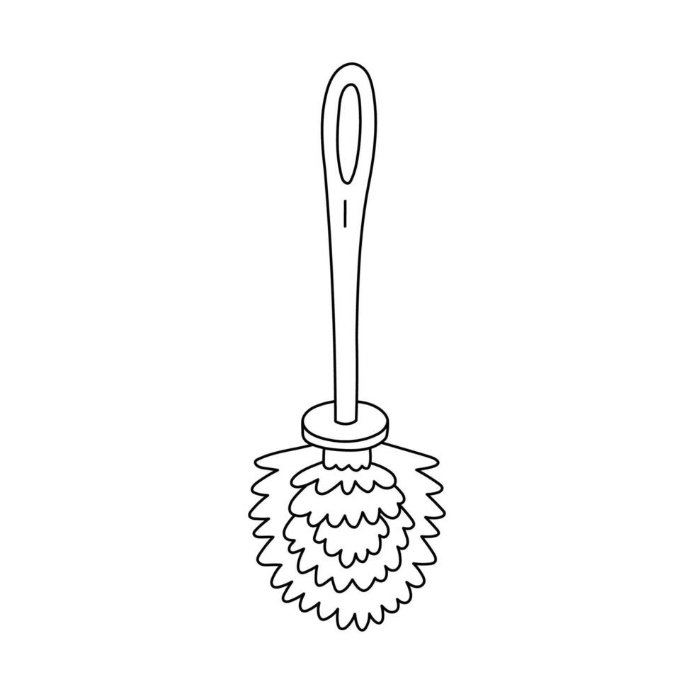 Cute line brush for cleansing toilet bowl. Hand drawn toilet brush for maintenance hygiene and pure. Funny black and white doodle of device for washing and sanitation isolated on white background. vector