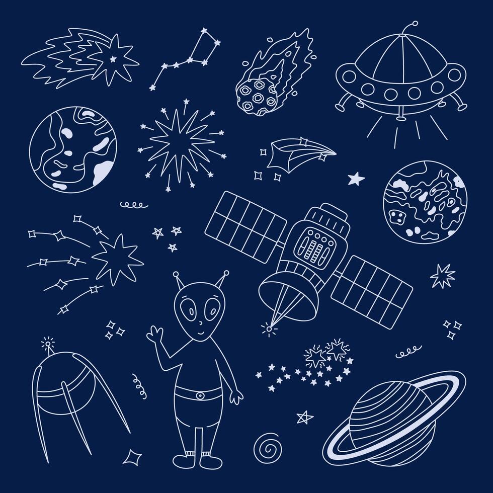 Cute line space and astronomy set with friendly alien, flying saucer, satellite, planet Venus, Big Dipper. Childish symbols of galaxy. Hand drawn outline doodle collection isolated on background. vector