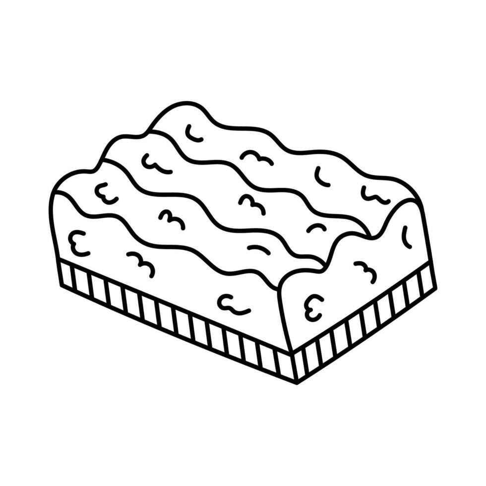 Cute black and white scrub sponge for dishwashing, tiding up house from dirt, grime and dust. Hand drawn washing sponge. Funny outline doodle of device for chores and home care isolated on white. vector