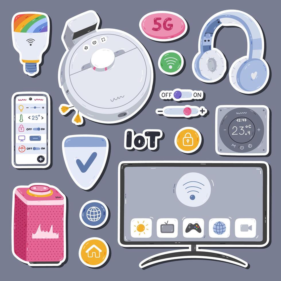 Cartoon set of stickers with smart machine with remote control via phone. for planners, notebooks. Ready for print list of cute stickers. Intelligence devices for entertainment, regulate, secure home. vector