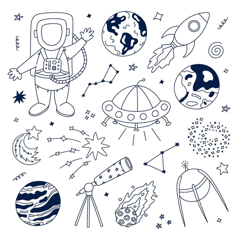 Cute scribble cosmos and astronomy set with cosmonaut, UFO ship, satellite, Earth and Neptune, star dust, space jet. Childish symbols of galaxy. Hand drawn doodle collection isolated on background vector