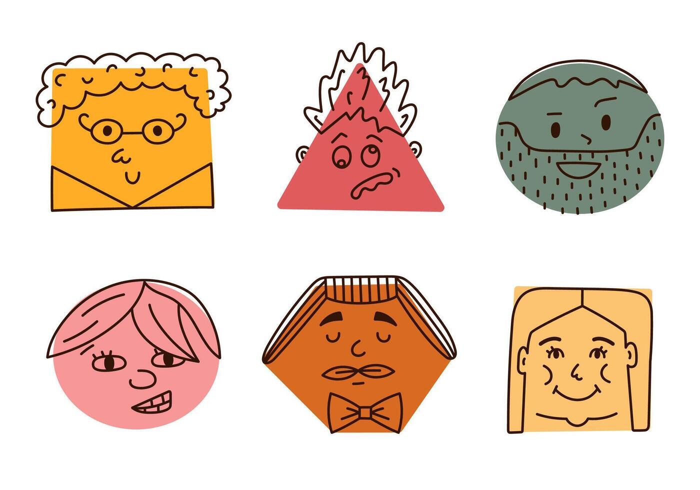 Cute cartoon set of comic faces with friendly and frustrated emotions in geometric shapes. Hand drawn crayon caricature emoticons with line expressions in circle, triangle, rectangle cut out. vector