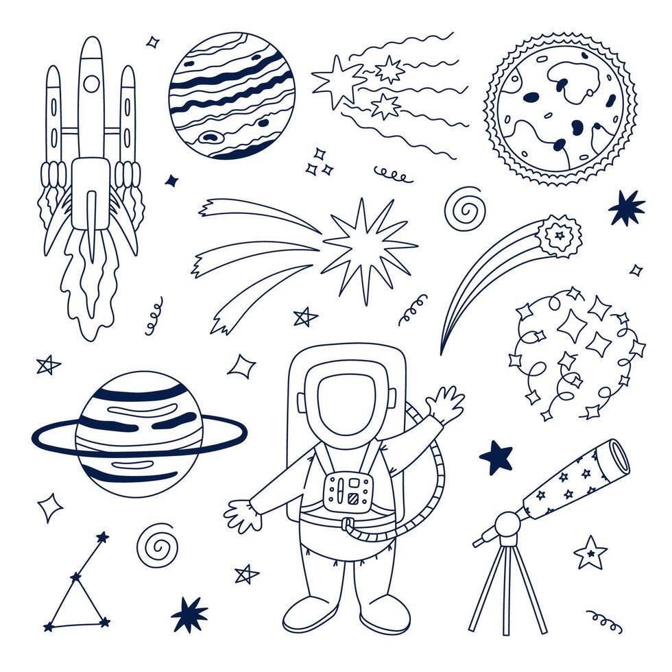 Cute black and white space and astronomy set with cosmonaut, rocket, telescope, the Sun, star dust, celestial bodies. Childish symbols of cosmos. Hand drawn doodle collection isolated on background. vector