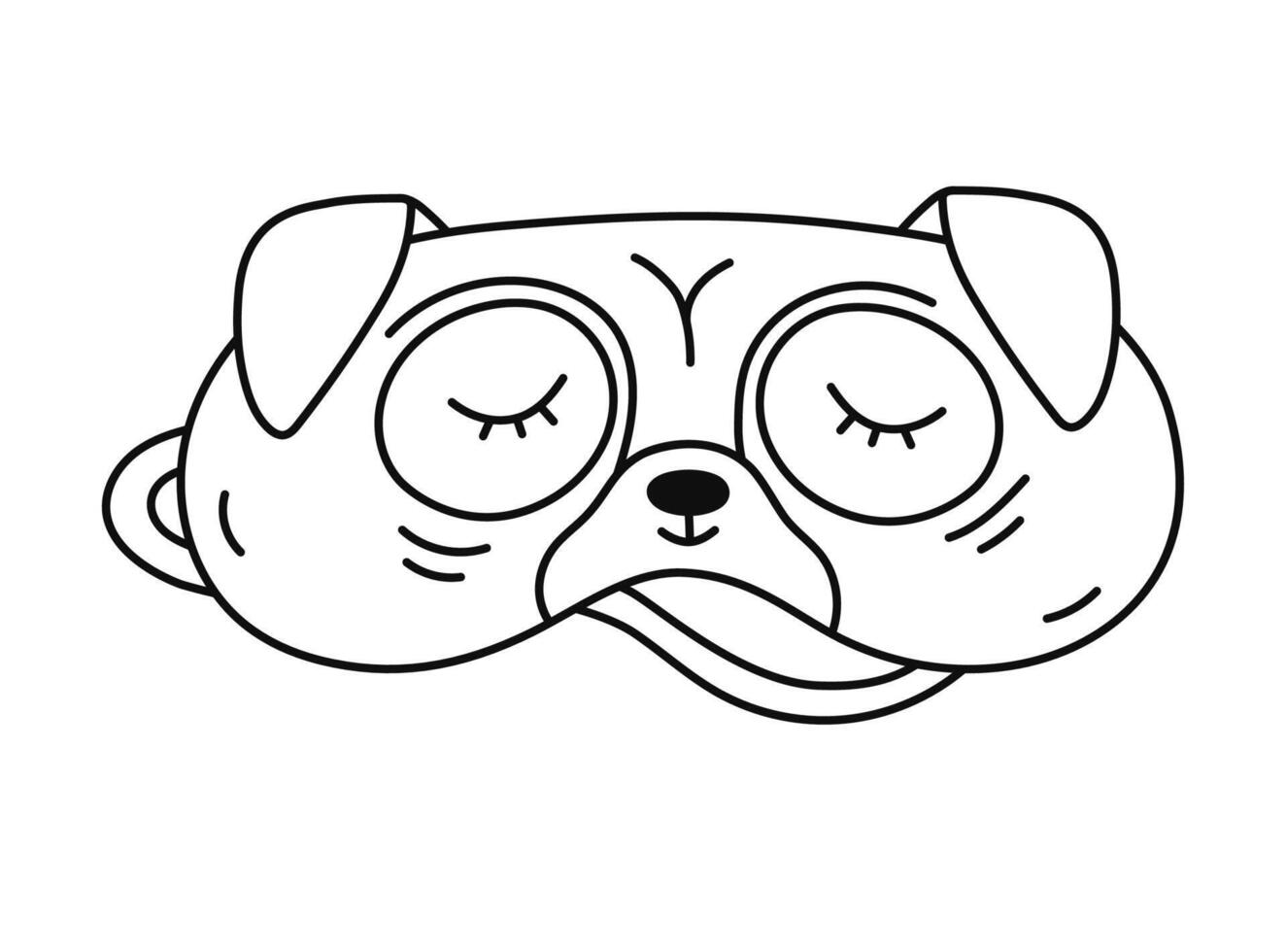 Cute doodle sleeping mask in the shape of pug head. Funny childish animal eye mask with dog. Hand drawn outline bedtime clothing for comfort dreaming. Night accessory isolated on white background. vector
