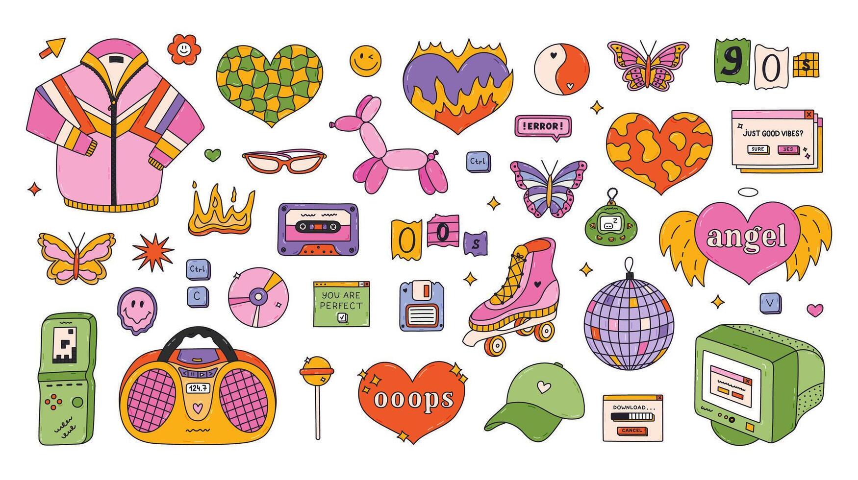 Big groovy doodle Y2k set with fashion, sport, electronic, girly symbols from 90s, 00s. Retro aesthetic clipart of jacket, radio, butterfly, old PC, cassette, roller skate. Nostalgia for 1990s vibe vector