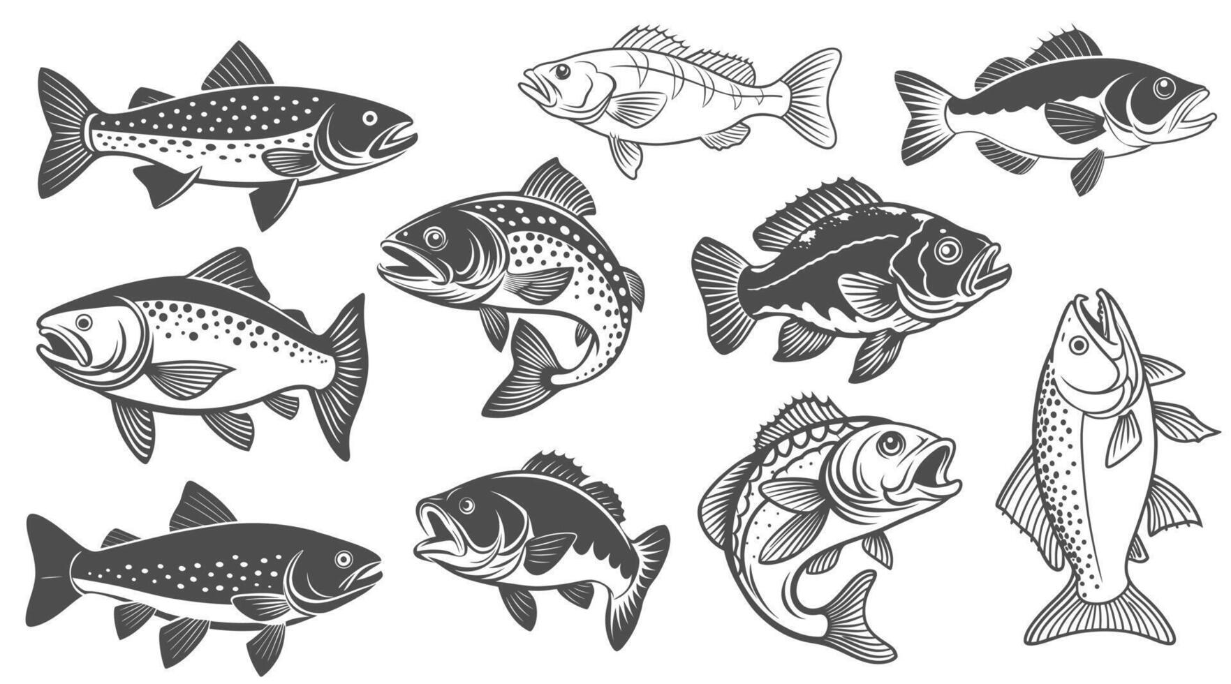 Set of Fish solid black color vector