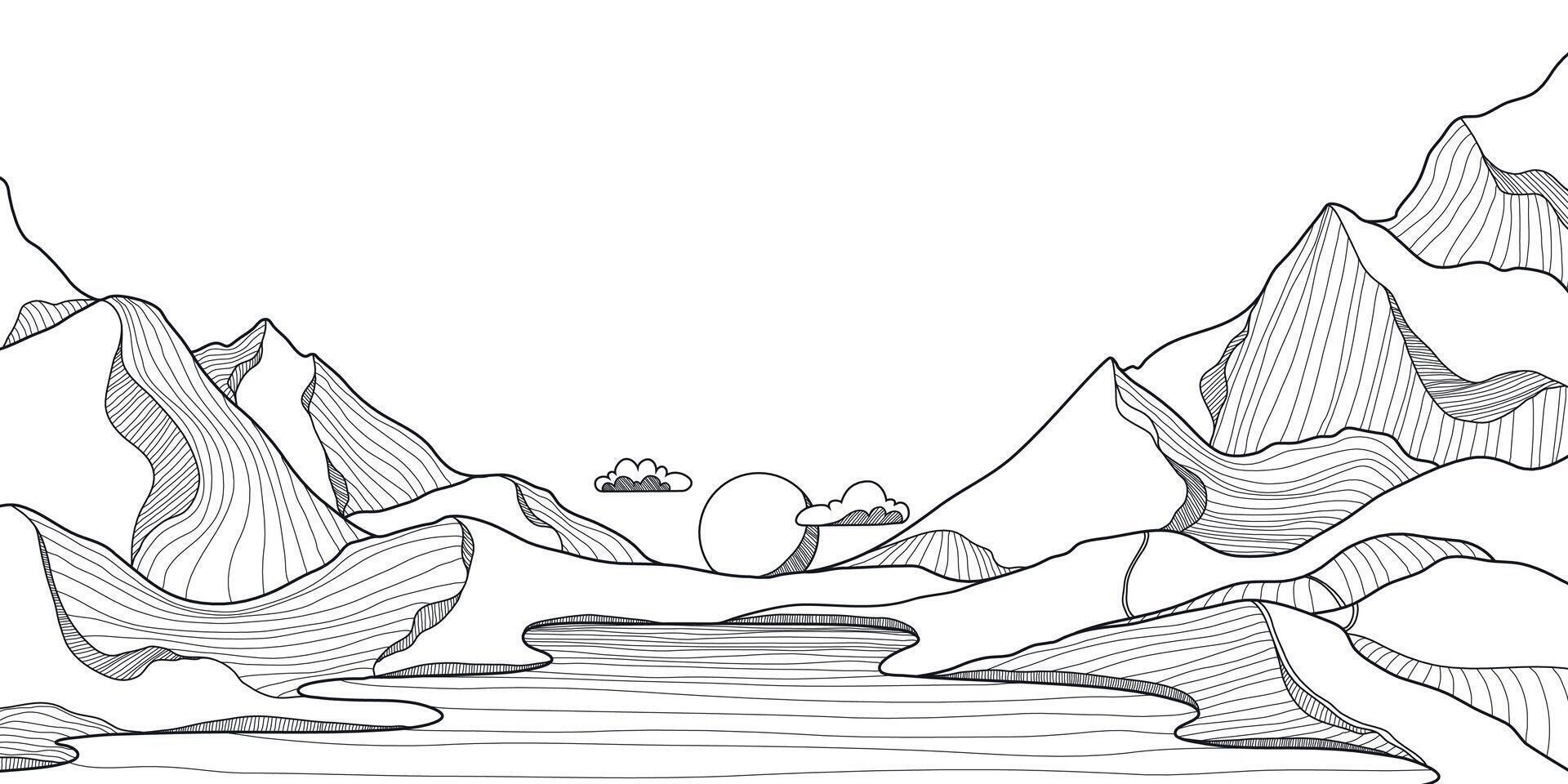 Mountain with Lake Landscape in Line Art Style. Wall art Background. Scenic black and white landscape design for fabric, prints, and wall art. Simple line drawing of one line mountain. vector