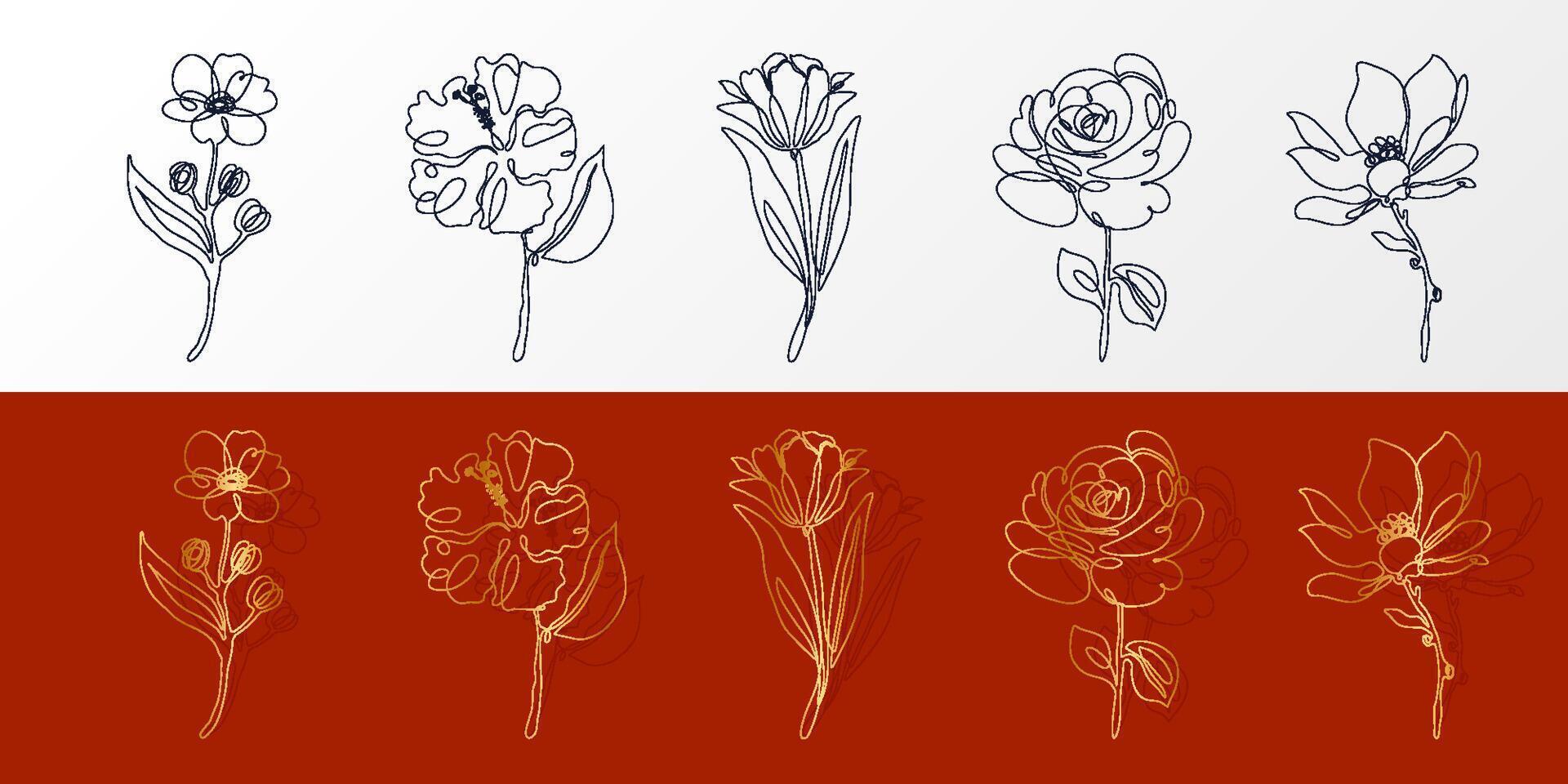 Set of Flowers with Leaves in One Continuous Art Line Style. Hand drawn spring herbs and plants with Gold colors and red background. Abstract floral sketch in one continuous line drawing. Perfect as a vector