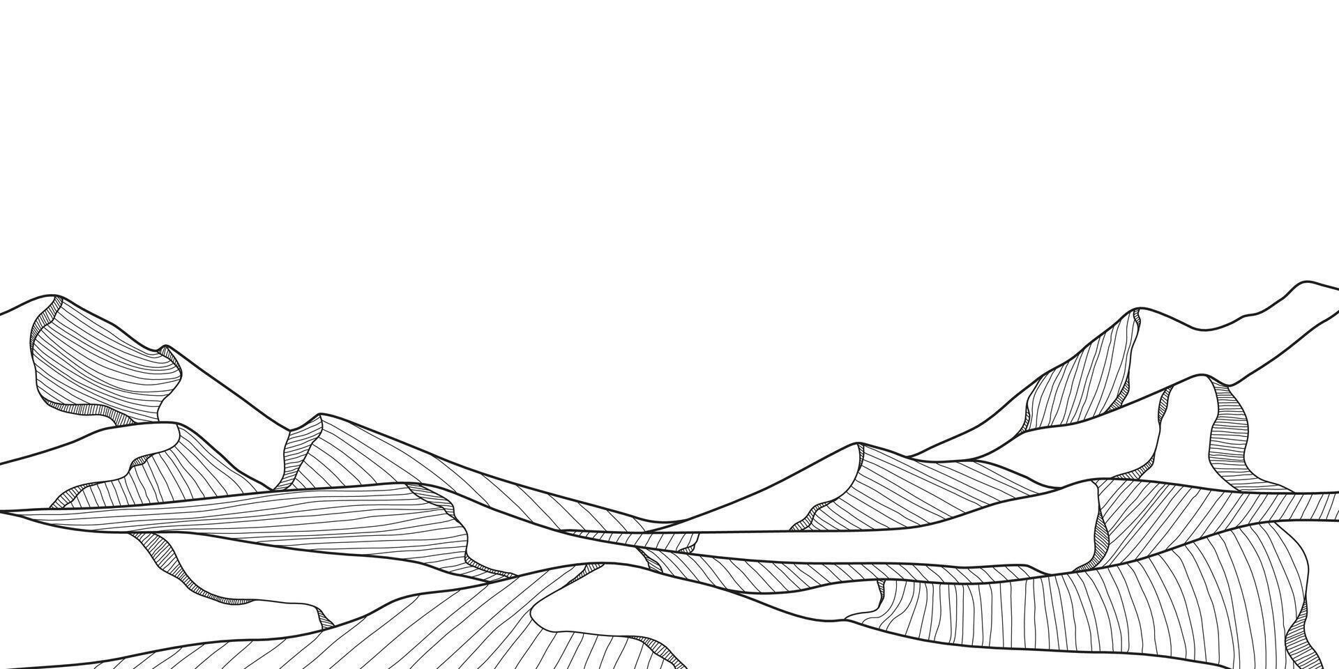 Elegant Mountain Line Art Background. Scenic black and white landscape design for fabric, prints, and wall art. Simple line drawing of one line mountain. vector