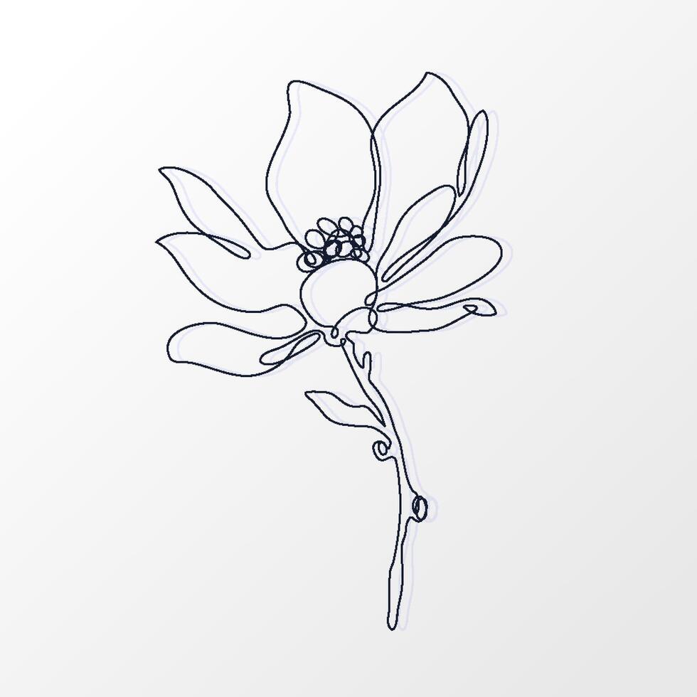 One Continuous Line of a Simple Magnolia Flower with Leaves. Hand drawn spring herbs and plants. Abstract floral sketch in one continuous line drawing. Perfect as a logo, tattoo, greeting cards vector