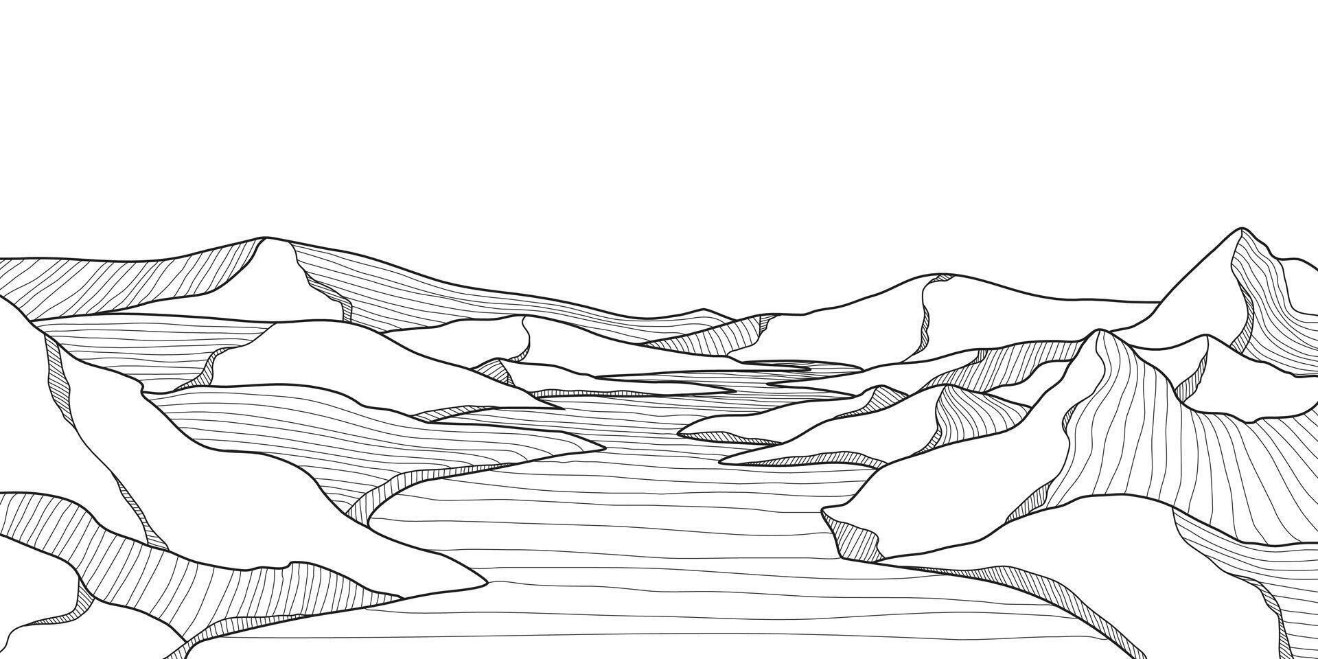 Elegant Mountain and River Line Art Background. Scenic black and white landscape design for fabric, prints, and wall art. Simple line drawing of one line mountain vector