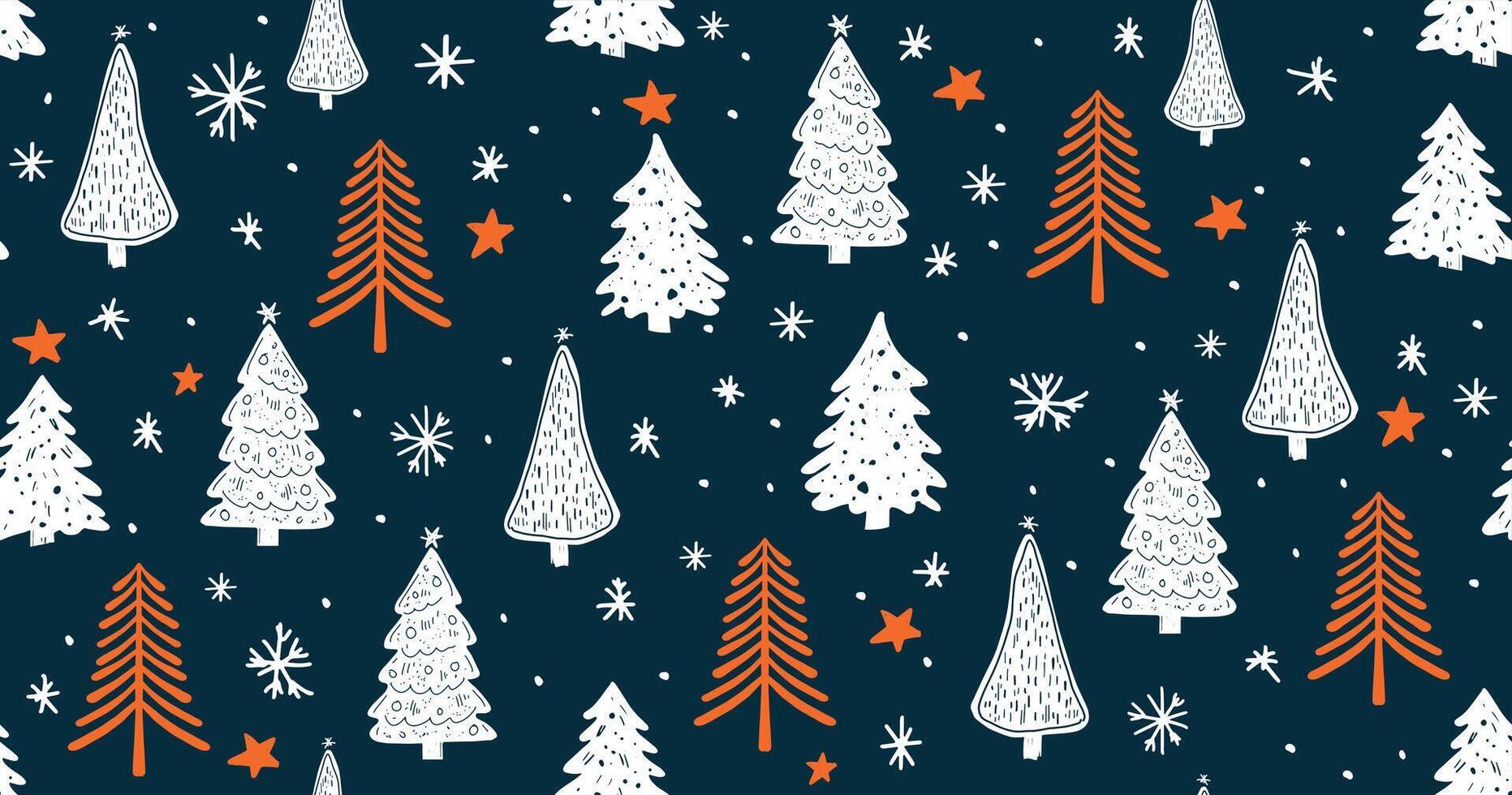 Christmas tree pattern on blue background, Hand drawn illustrations. vector