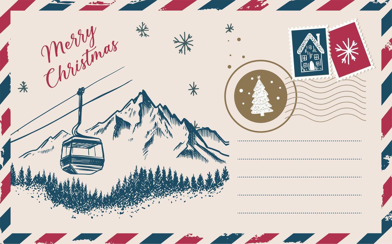 Christmas mail with mountains, postcard, hand drawn illustration. vector