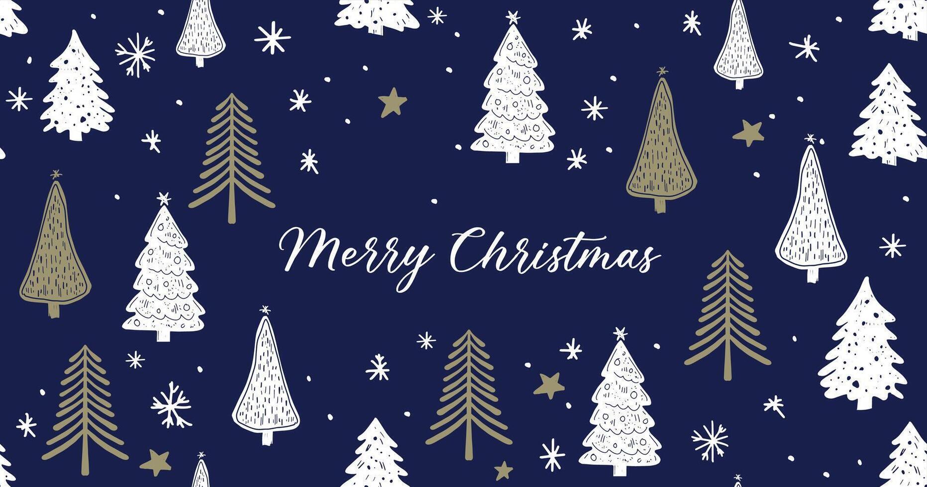 Christmas tree pattern on blue background, Hand drawn illustrations. vector