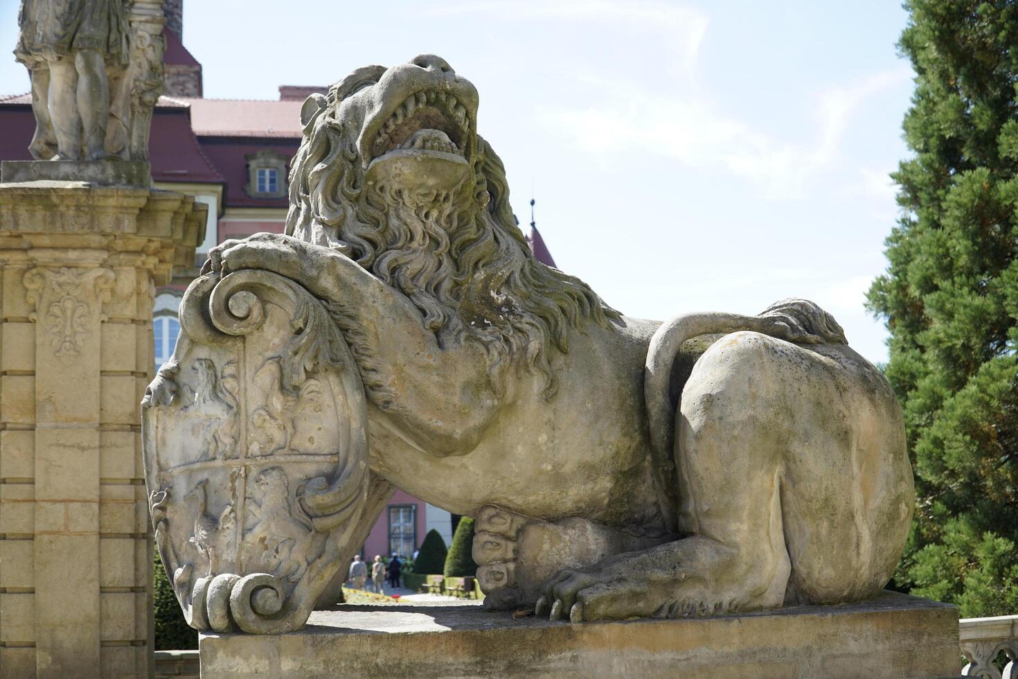 Walbrzych, Poland - August 12th, 2024 - Statue of a lion at Ksiaz Castle photo