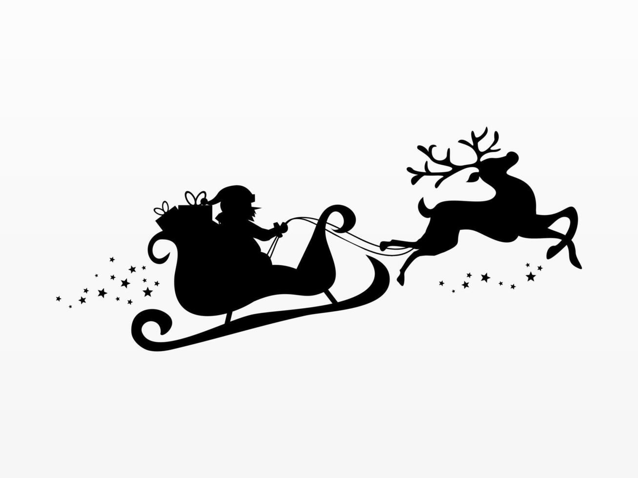 Silhouette of Santa on a sleigh flying with deer and throwing gifts on a white vector