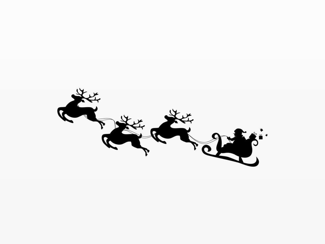 Silhouette of Santa on a sleigh flying with deer and throwing gifts vector