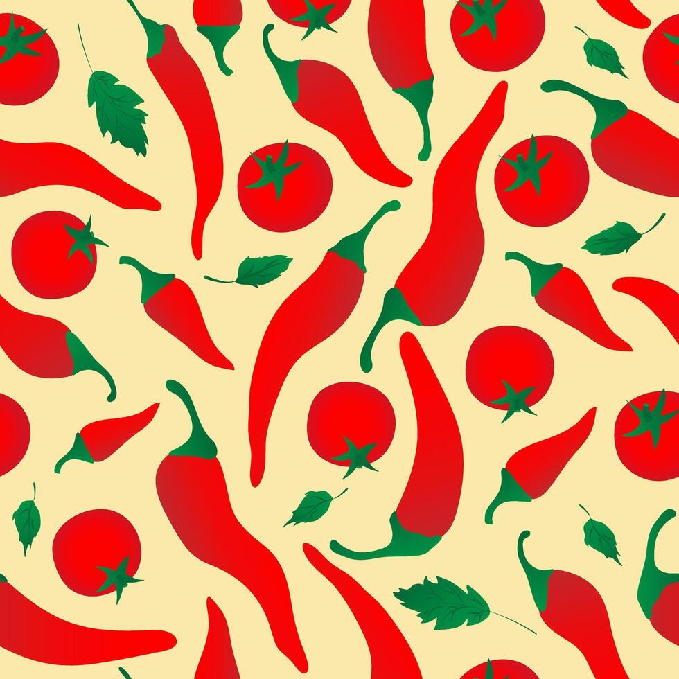 Seamless pattern with red chili pepper and tomato on yellow background. Design for fabric, kitchen decor, wallpaper packaging paper. vector