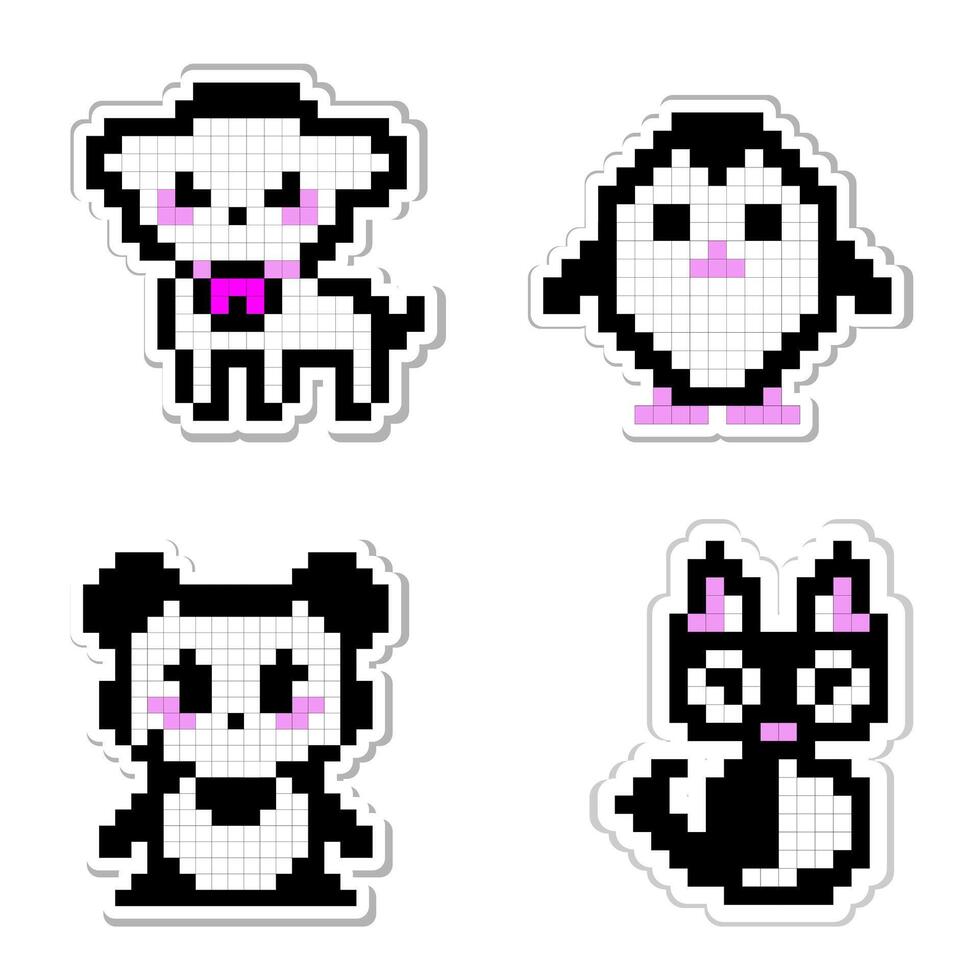 Set of pixel art sticker for print on different product, social media communication. Cute penguin, cat, panda bear, sheep isolated illustration on white background. vector