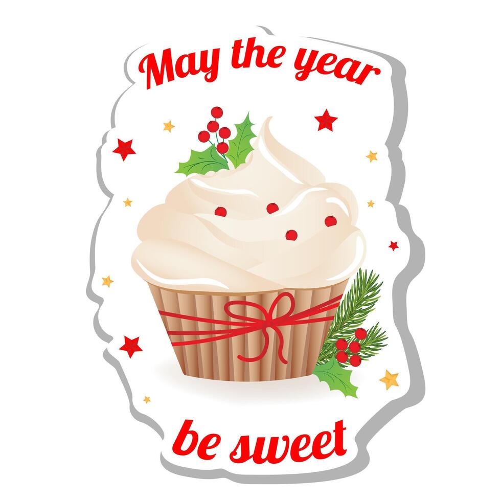 New year delicious cupcake with whipped cream. greeting sticker illustration of sweet food in cartoon style. vector