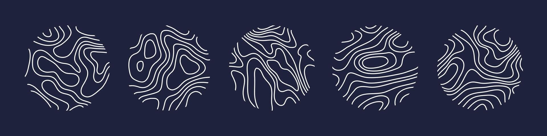 Circular wood rings or topographic map lines texture set. Wood tree topographic abstract lines collection vector
