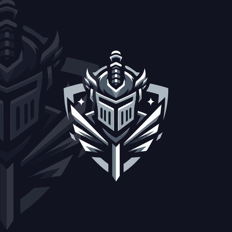 flat e-sport logo of a stylized knight helmet and sword vector