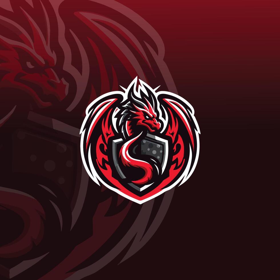 flat logo for an e-sport team with a dragon and shield vector
