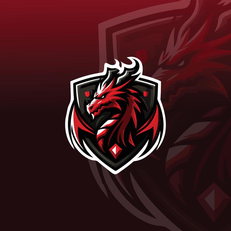 flat logo for an e-sport team with a dragon and shield vector