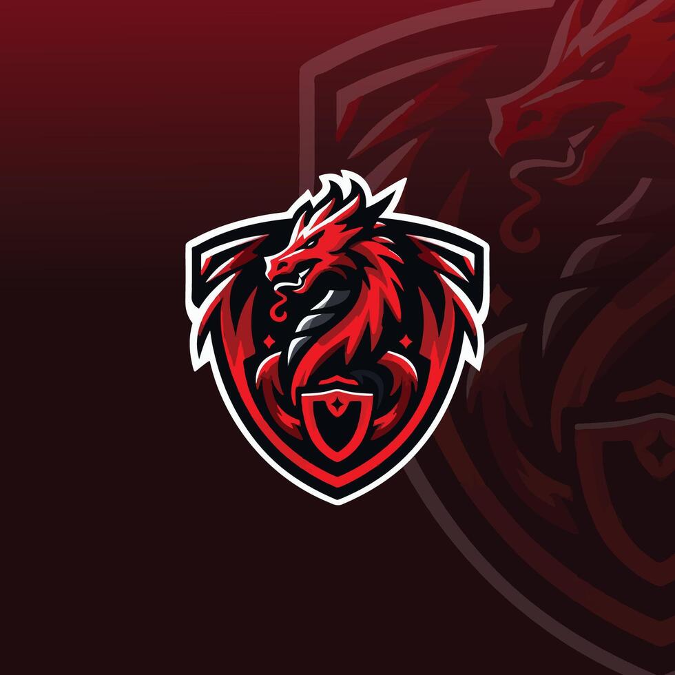 flat logo for an e-sport team with a dragon and shield vector