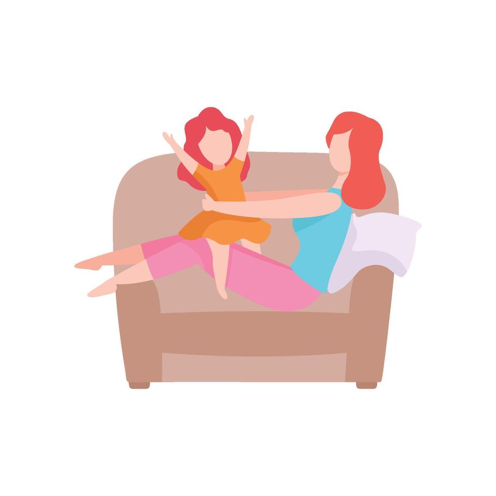 Mother Play with Her Little Daughter While Sitting on Sofa, Mom and Kid Spending Time Together at Home Illustration vector