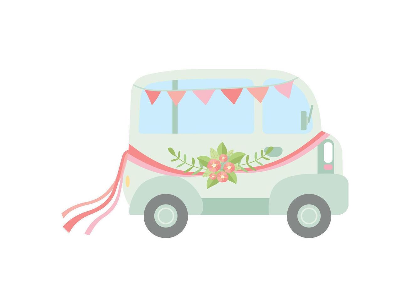 Vintage Van Decorated with Flags, Ribbons and Flowers, Wedding Retro Mini Bus, Side View Illustration vector