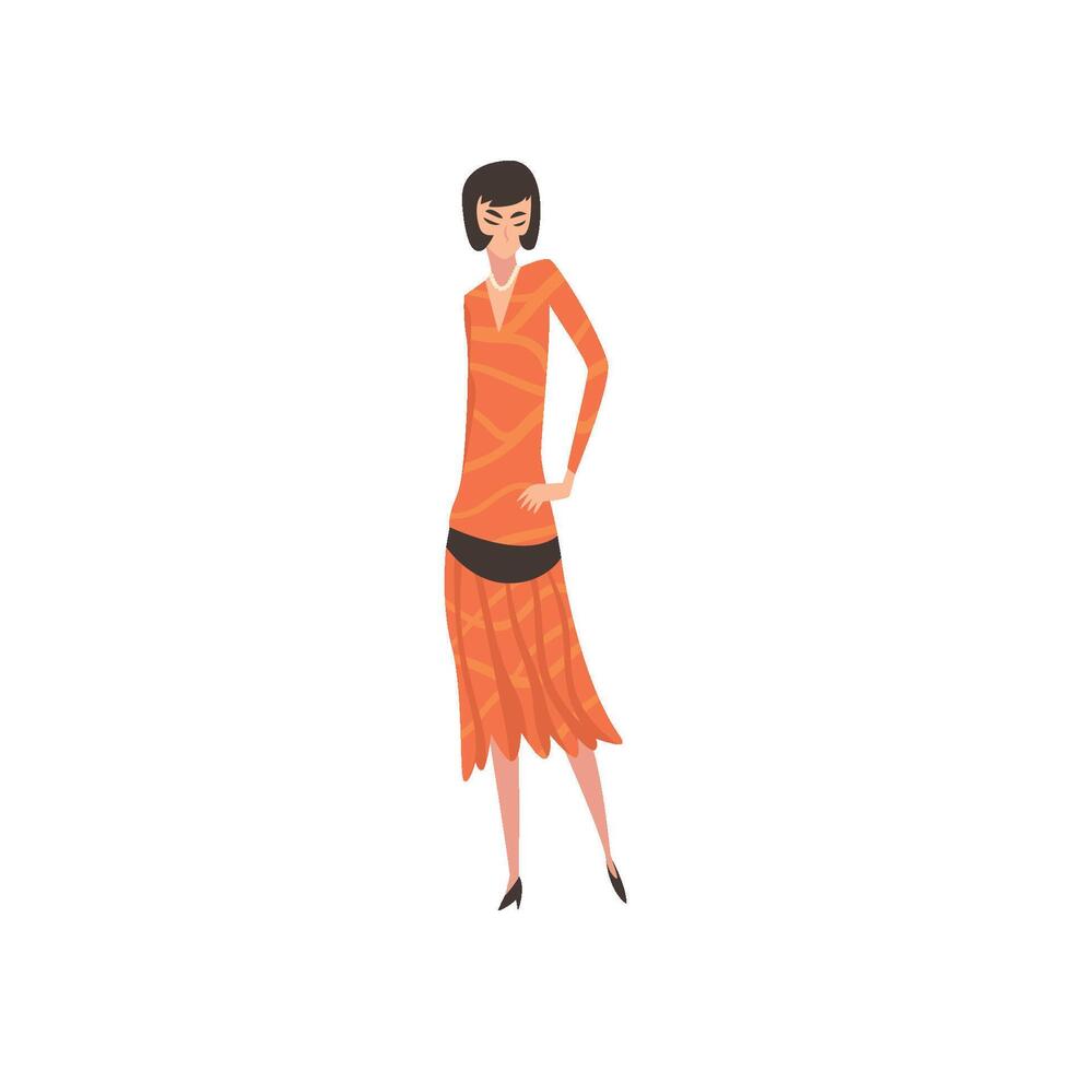 Elegant Woman in Red Retro Dress, Beautiful Girl of 1920s, Art Deco Style Illustration vector
