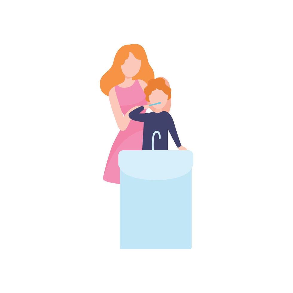 Mother Teaching Son to Clean Teeth, Mom and Kid Spending Time Together Illustration vector
