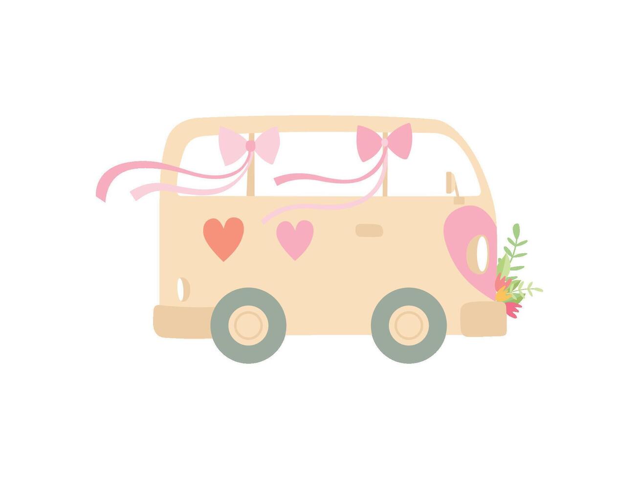 Cute Vintage Van Decorated with Flowers and Hearts, Romantic Wedding Retro Mini Bus, Side View Illustration vector