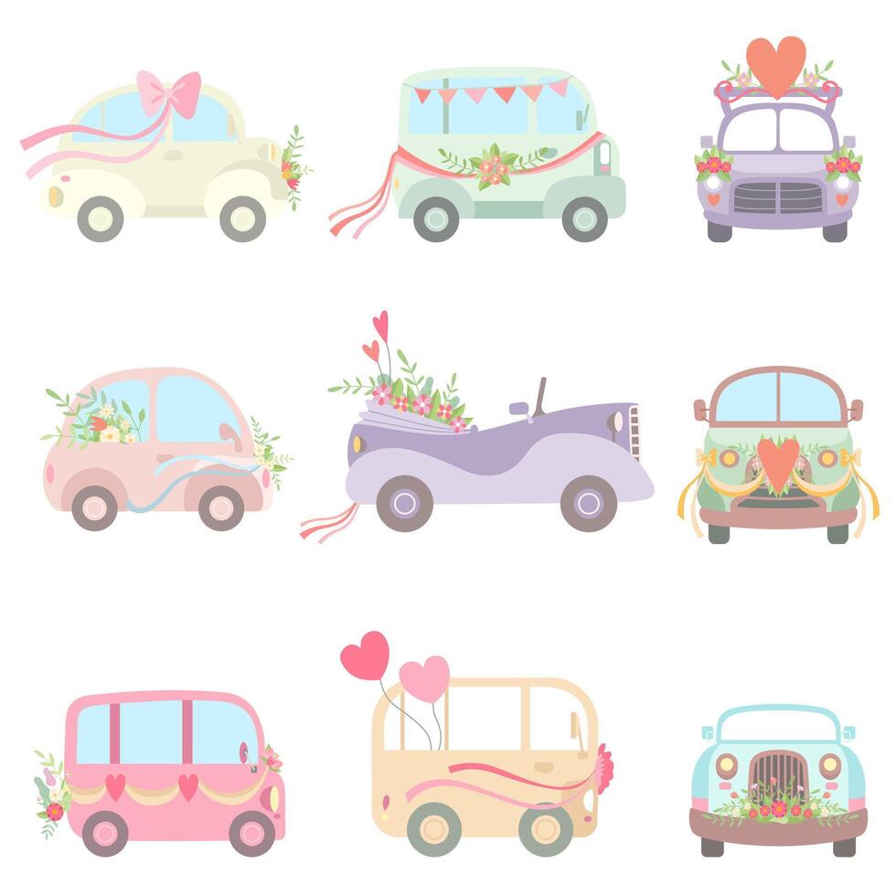 Collection of Cute Vintage Cars and Vans Decorated with Flowers, Hearts and Ribbons, Wedding Retro Cars, Front and Side View Illustration vector