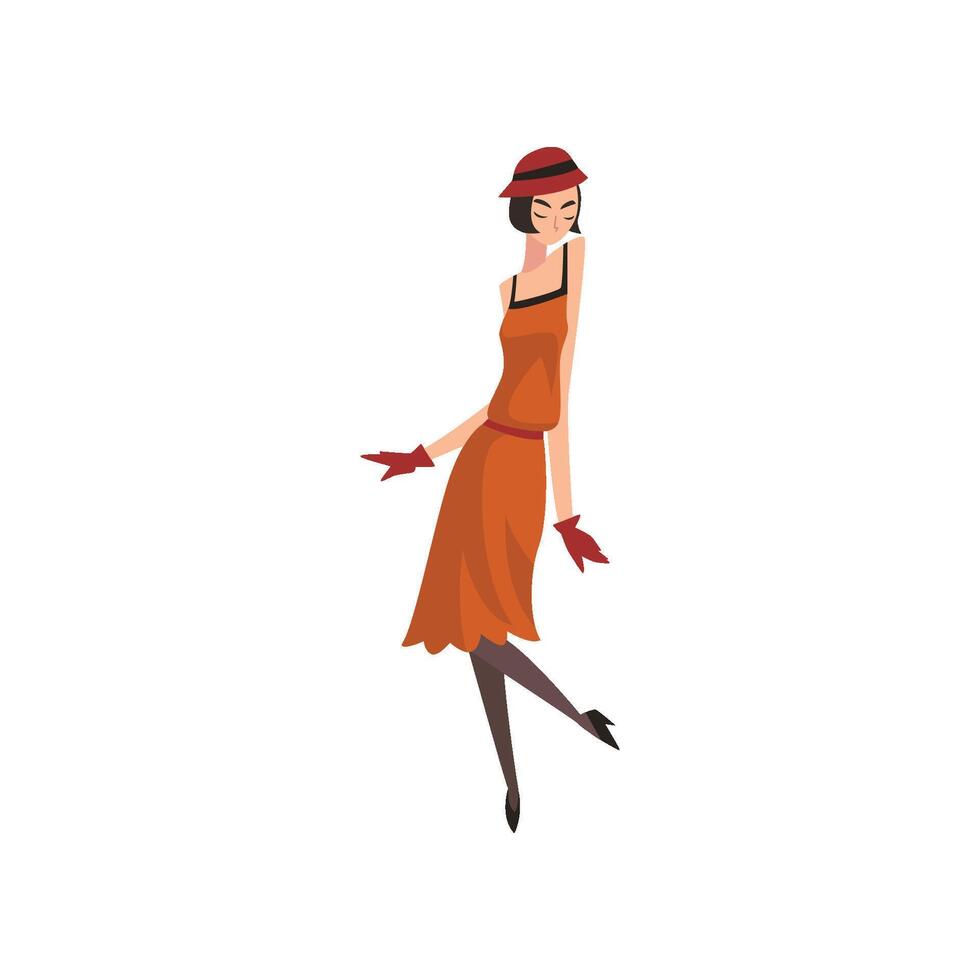 Elegant Woman in Red Retro Dress, Hat, Stockings and Gloves, Beautiful Flapper Girl of 1920s, Art Deco Style Illustration vector