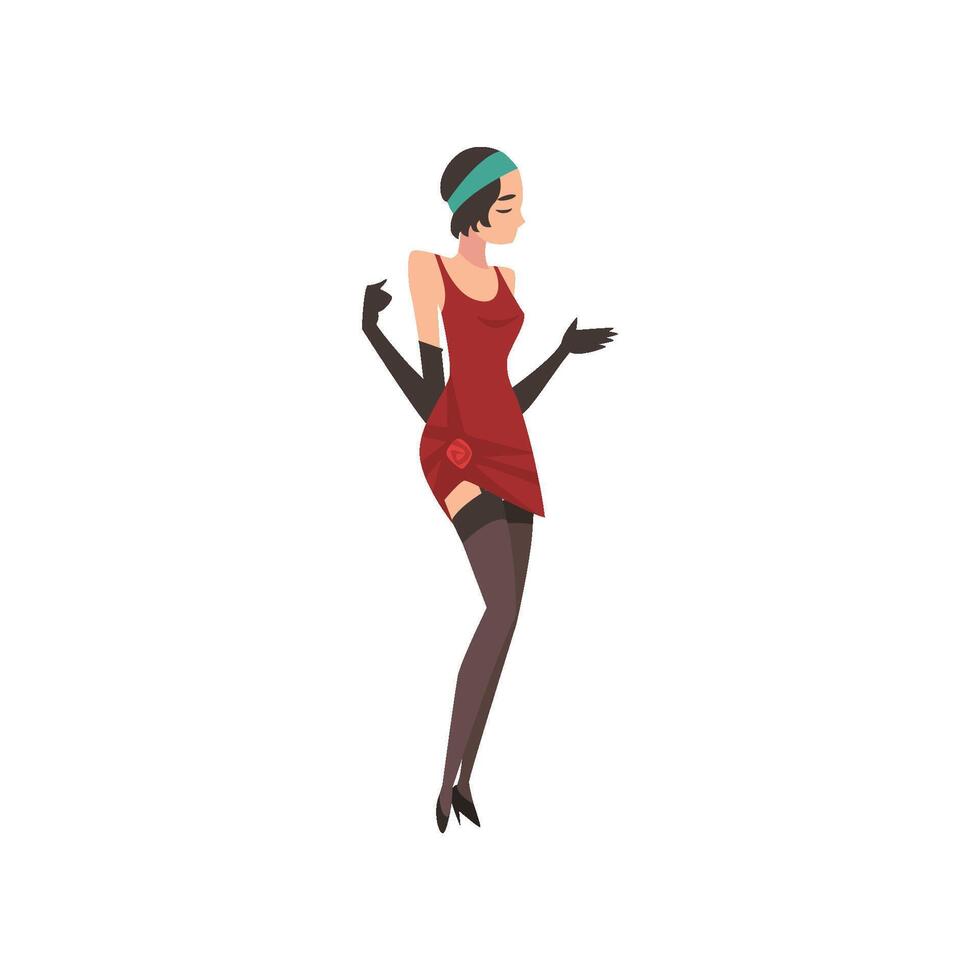 Elegant Woman in Red Retro Dress, Beautiful Brunette Flapper Girl of 1920s, Art Deco Style Illustration vector