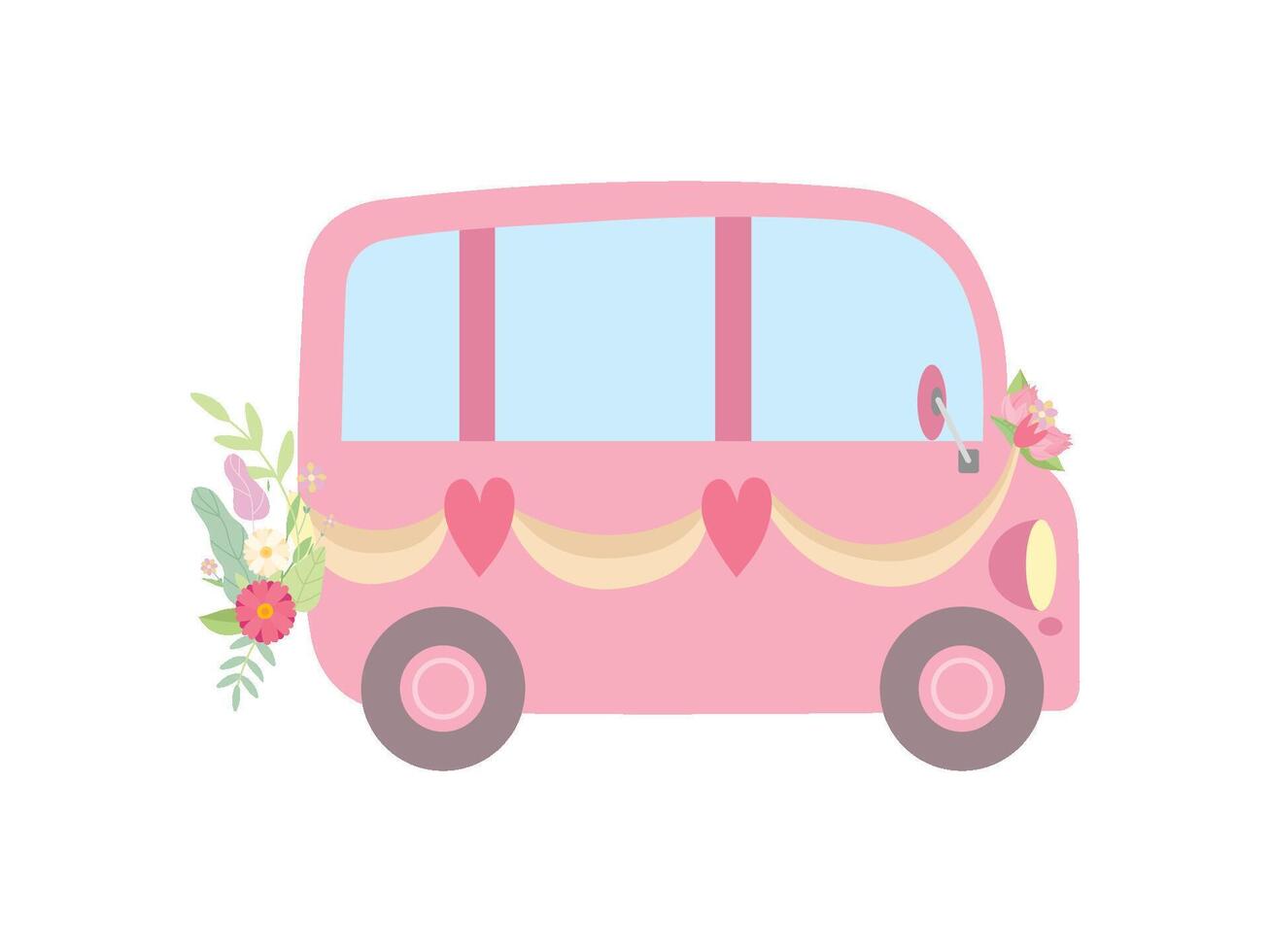 Cute Pink Vintage Van Decorated with Ribbons, Flowers and Hearts, Romantic Wedding Retro Mini Bus, Side View Illustration vector