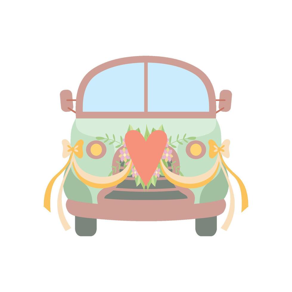 Cute Vintage Car Decorated with Heart, Flowers and Ribbons, Wedding Retro Van, Front View Illustration vector