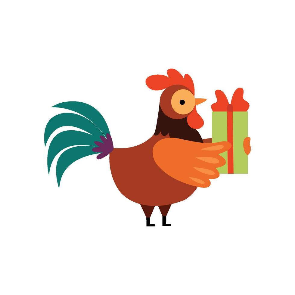 Colorful Rooster with Gift Box, Farm Cartoon Character Illustration vector