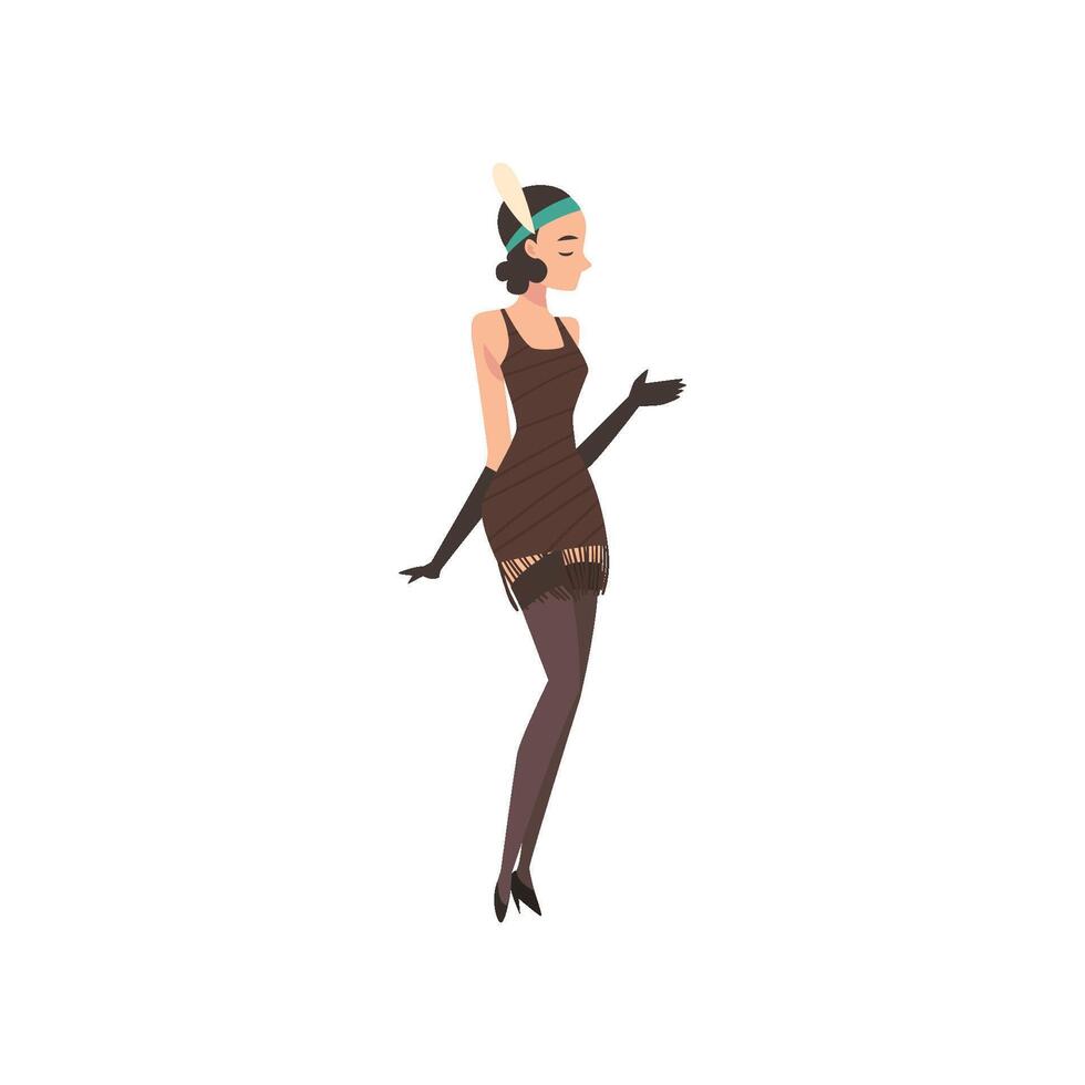 Elegant Woman in Retro Dress and Gloves, Beautiful Brunette Flapper Girl of 1920s, Art Deco Style Illustration vector