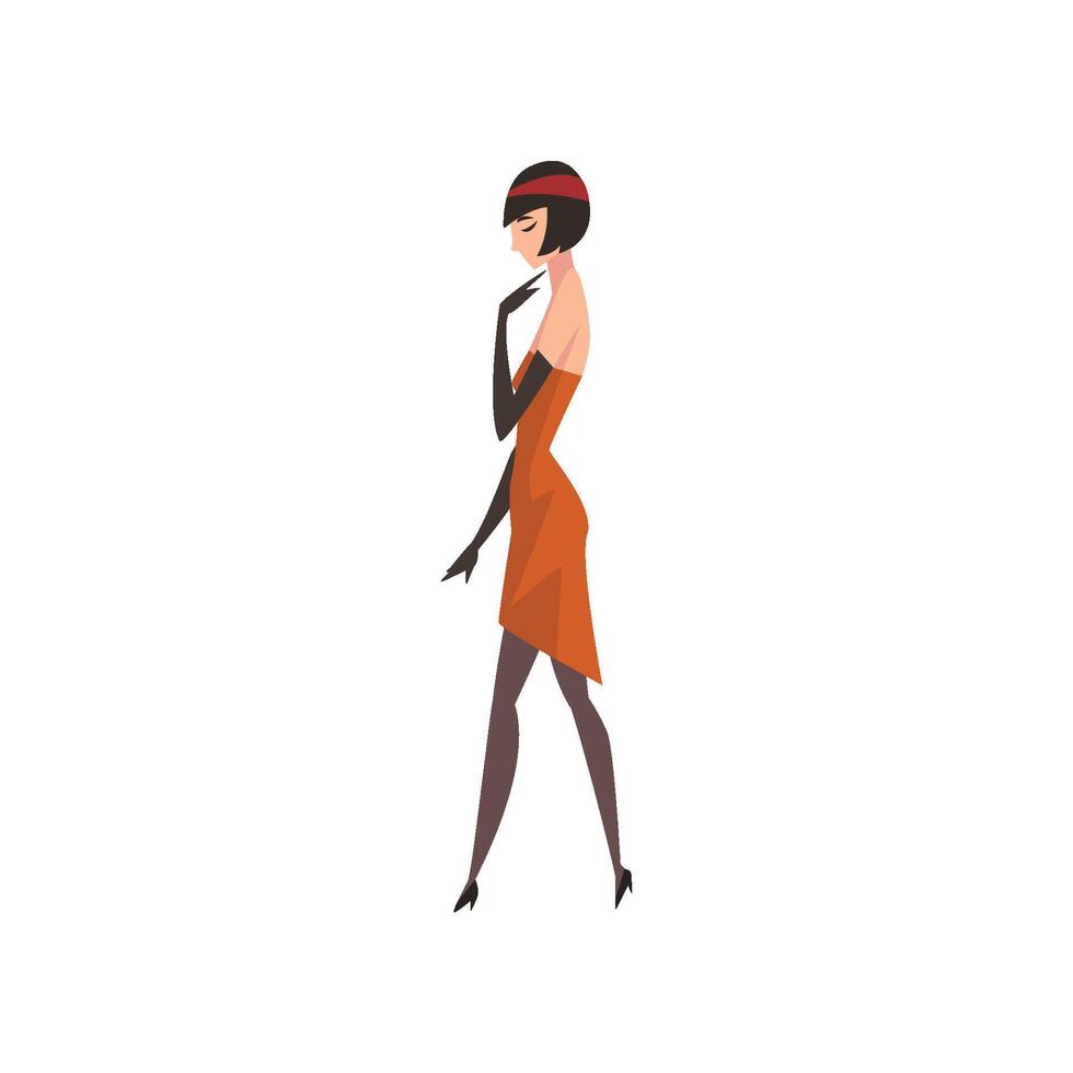 Elegant Brunette Woman in Red Retro Dress, Beautiful Flapper Girl of 1920s, Art Deco Style Illustration vector