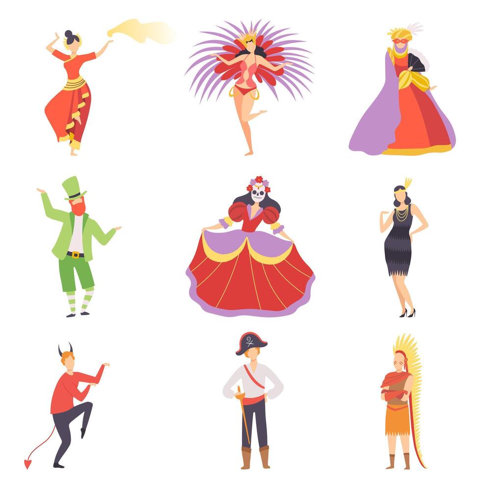People in Bright Festival Costumes Set, Masquerade Ball, Carnival Party Design Element Illustration vector