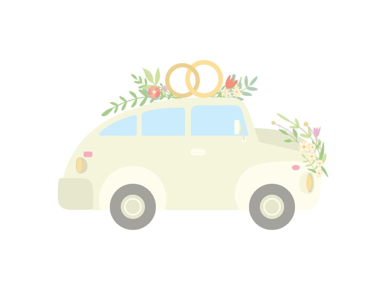 Vintage Car Decorated with Rings and Flowers, Wedding Retro Auto, Side View Illustration vector