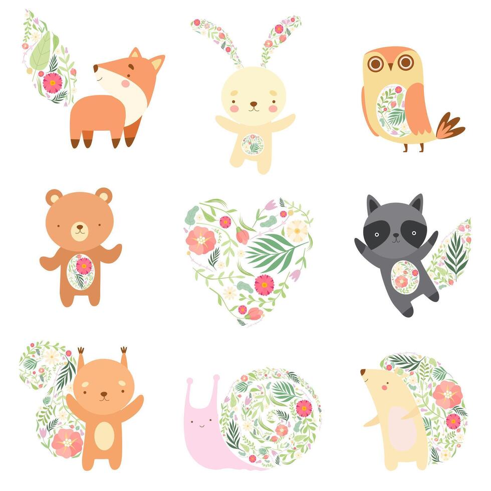 Cute Animals Decorated with Floral Seamless Pattern Set, Lovely Forest Animals Cartoon Characters Illustration vector